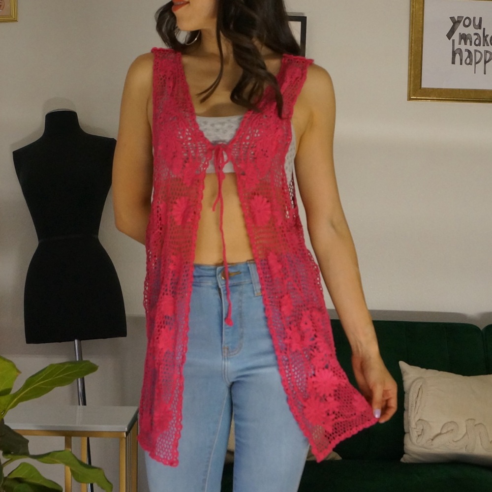 Fuchsia  Crochet Long Vest Bathing Suit Cover Up Beach Outfit Pool Party Outfit
